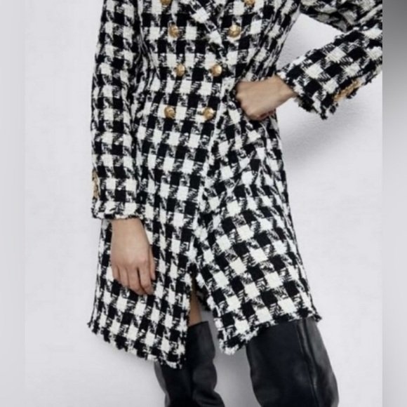 NWT Luxury Minimalist Zara Houndstooth Tweed Fringe Double Breasted Coat - Picture 10 of 17
